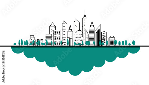 Modern city skyline with various buildings and green trees, representing urban development and nature integration.