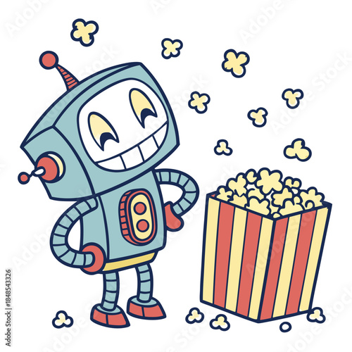 Cheerful robot spilling popcorn everywhere