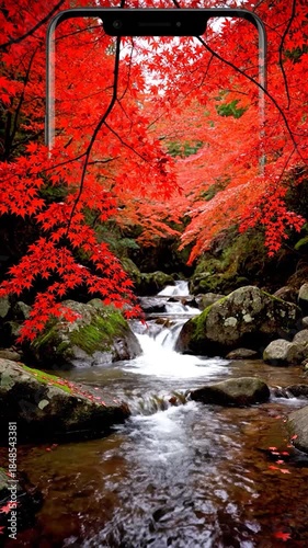 A smartphone frames a vibrant autumn creek with brilliant red maple leaves