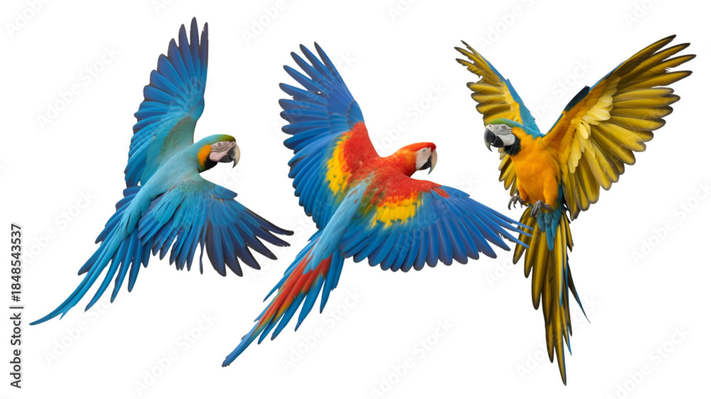 Fototapeta premium Three colorful macaws flying with spread wings, blue, red, yellow feathers isolated on transparent background