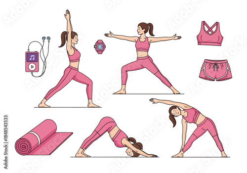 Collection of woman performing various yoga poses and fitness accessories like mat, music player, and clothing
