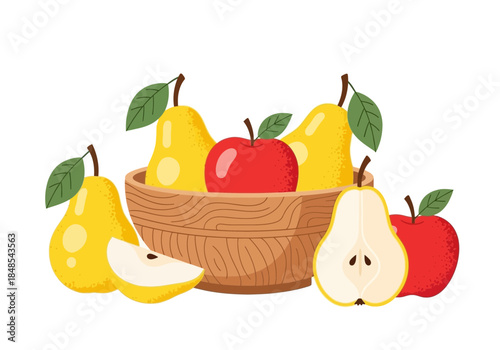 A colorful illustration of fresh yellow pears and red apples in and around a wooden bowl