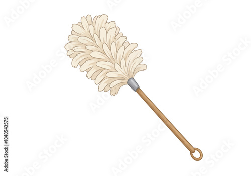 Hand drawn illustration of a feather duster with a wooden handle, for cleaning concept