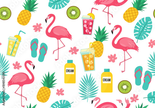 Seamless tropical summer pattern with pink flamingo bird, pineapple, kiwi slice, drink, flip flop and cream bottle on
