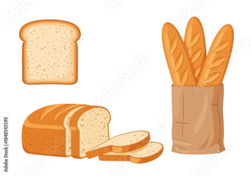 Collection of various bread types including sliced loaf, single slice, and baguettes in a paper bag