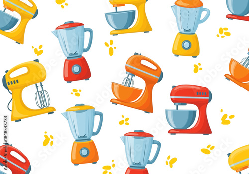 Seamless pattern of colorful kitchen stand mixer and blender appliances for baking and cooking