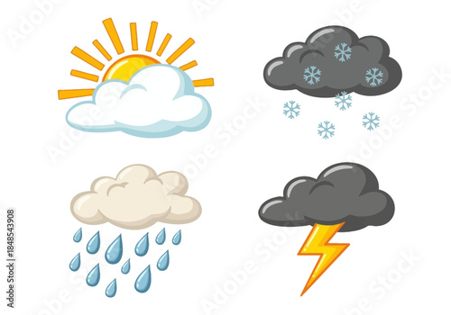 Set of four cartoon weather icons showing sun behind cloud, snow, rain, and thunderstorm