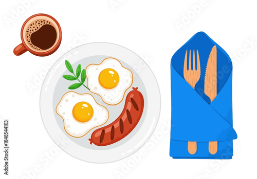Top view of a hearty breakfast plate with two fried eggs, a grilled sausage, a sprig of green herb, and a cup of coffee