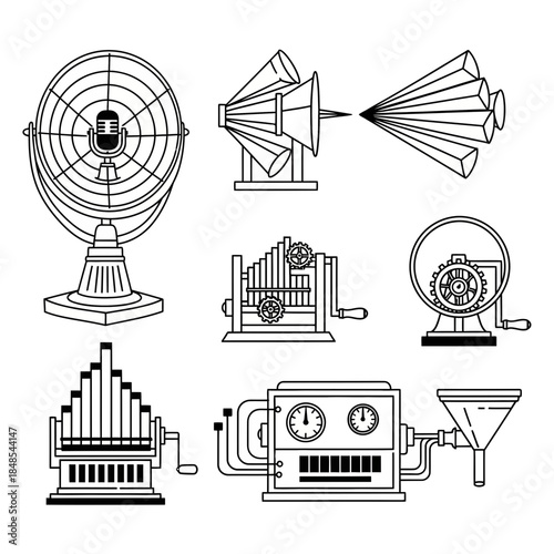Steampunk Mechanical Devices Line Art Set
