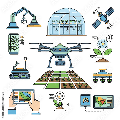 Modern smart farming technology solutions with drone surveillance, automated robots, and controlled greenhouses for efficient agriculture.