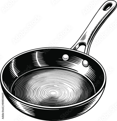 Vintage Woodcut Style Vector Illustration of a Professional Stainless Steel Frying Pan Featuring Detailed Shading and Etched Textures for Culinary Branding.