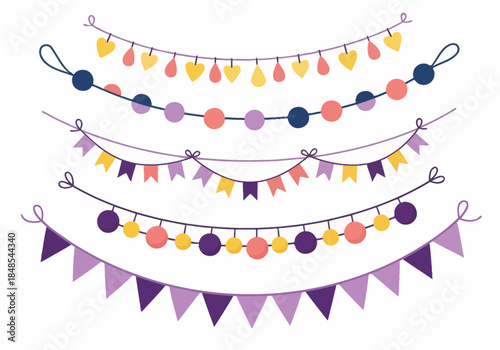 Collection of colorful festive bunting banners and garlands with heart and circle shapes