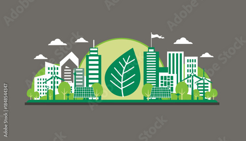 Eco-friendly green city illustration with buildings, trees, and a large leaf symbol in the center, representing sustainable urban development and environmental conservation.