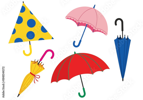 Collection of colorful umbrellas in various open and closed positions