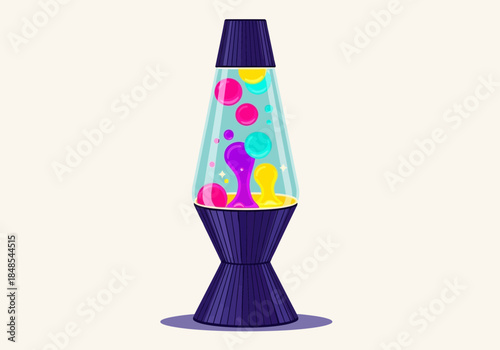 Vibrant purple lava lamp with colorful, flowing wax blobs illustration on a light background, retro 70s style