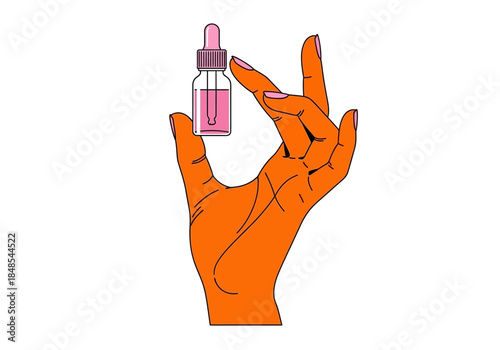 Vibrant orange hand holding a small glass dropper bottle containing pink cosmetic serum or essential oil