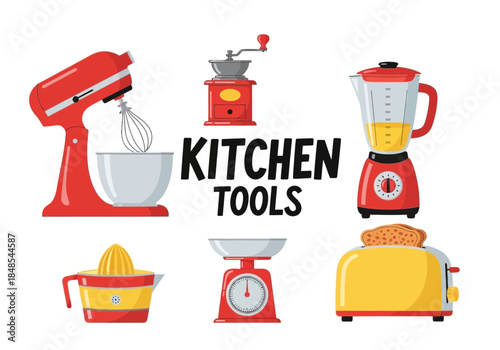 Collection of essential red and yellow kitchen appliance tools including a stand mixer, blender, grinder, juicer, scale, and toaster