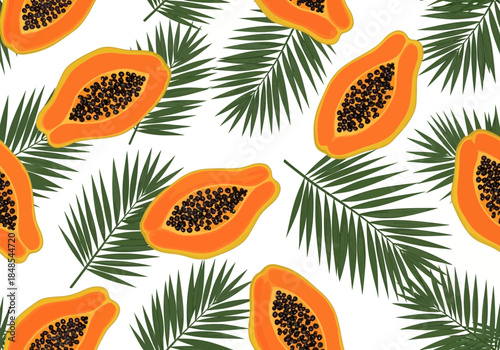 Seamless tropical pattern with sliced ripe papaya fruit and green palm leaf fronds on a