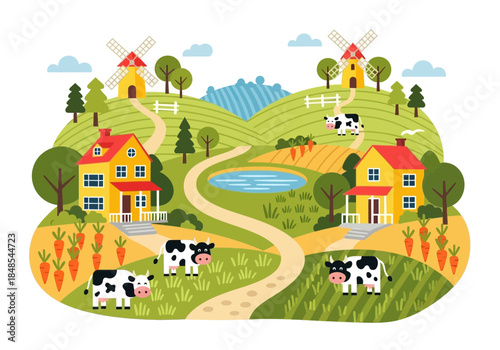 Charming cartoon illustration of a vibrant farm landscape with cows, houses, windmills, and cultivated fields under a blue sky