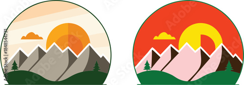 Mountain Sunrise Landscape Icons – Minimal Nature Illustration Set