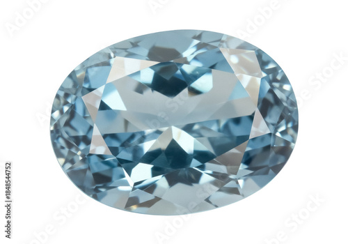 Oval aquamarine gemstone isolated PNG on transparent background, light blue faceted beryl mineral for jewelry design and gemology
