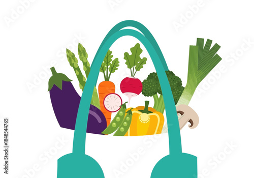 Colorful illustration of fresh vegetable assortment overflowing from a reusable shopping tote bag