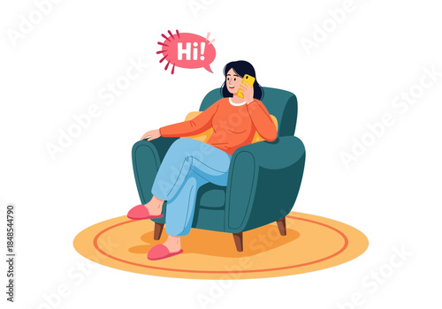 Woman sitting comfortably in armchair talking on mobile phone with speech bubble saying hi illustration