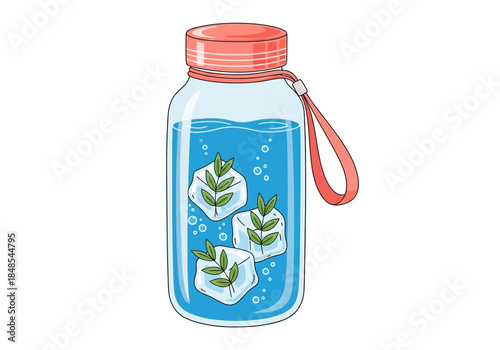 Cute illustration of a clear water bottle filled with blue liquid, ice cubes containing green leaf sprigs, and a red lid