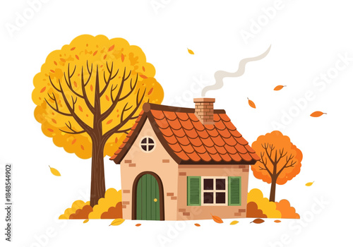 Charming cartoon autumn house with yellow tree and smoke coming from chimney