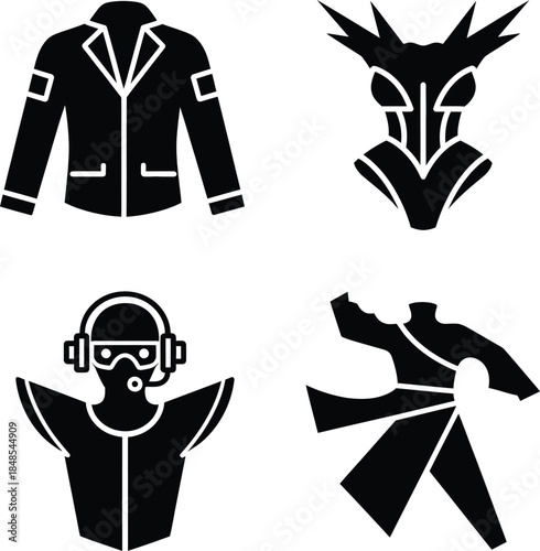 Set of futuristic cyberpunk soldier icons featuring black silhouette battle armor robot mask and tactical gear isolated on white background for game design.