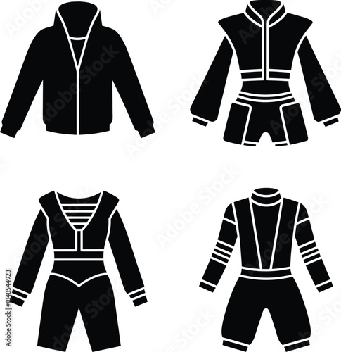 Set of futuristic sci-fi superhero costume icons featuring black silhouette battle armor and space soldier uniforms isolated on a white background for gaming.