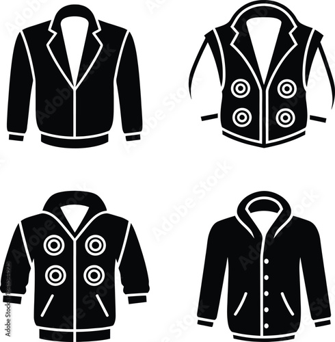 Collection of black icons representing specialized athletic wear including hooded winter jackets padded sports armor compression shorts and female training outfits.