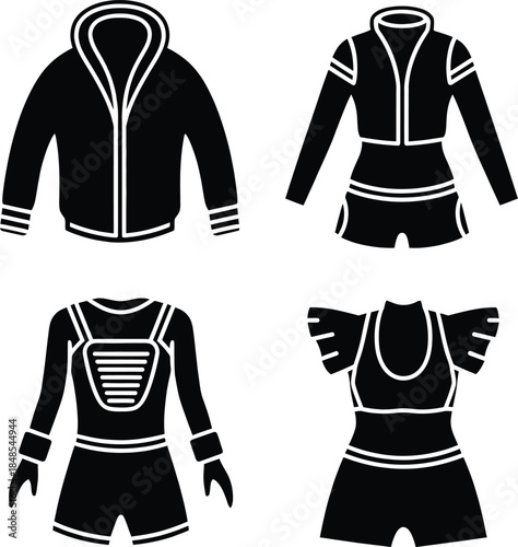 Set of black silhouettes representing professional athletic gear including winter hooded jackets technical performance suits and gym compression wear for sports.
