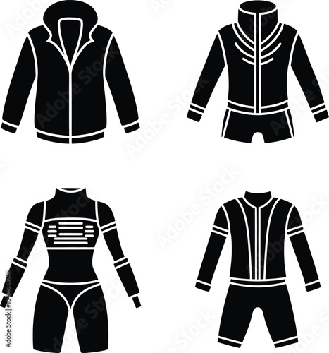 Collection of black protective sport clothing icons including winter jackets, thermal base layers, athletic tracksuits and compression wear for active lifestyle.