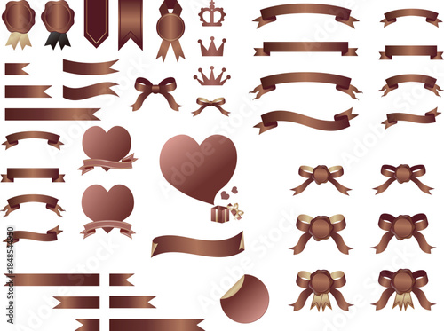 Luxury vector design element set with chocolate-colored ribbons, sealing wax stamps, crowns, and hearts