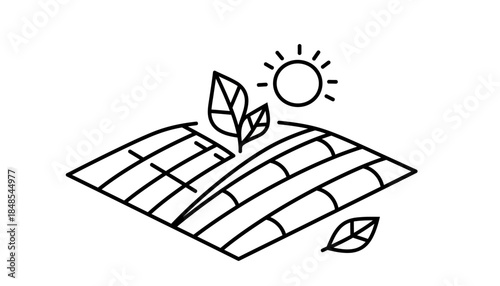 Minimalist Line Art Icon Depicting a Sunny Field with Growing Plants and Leaves.