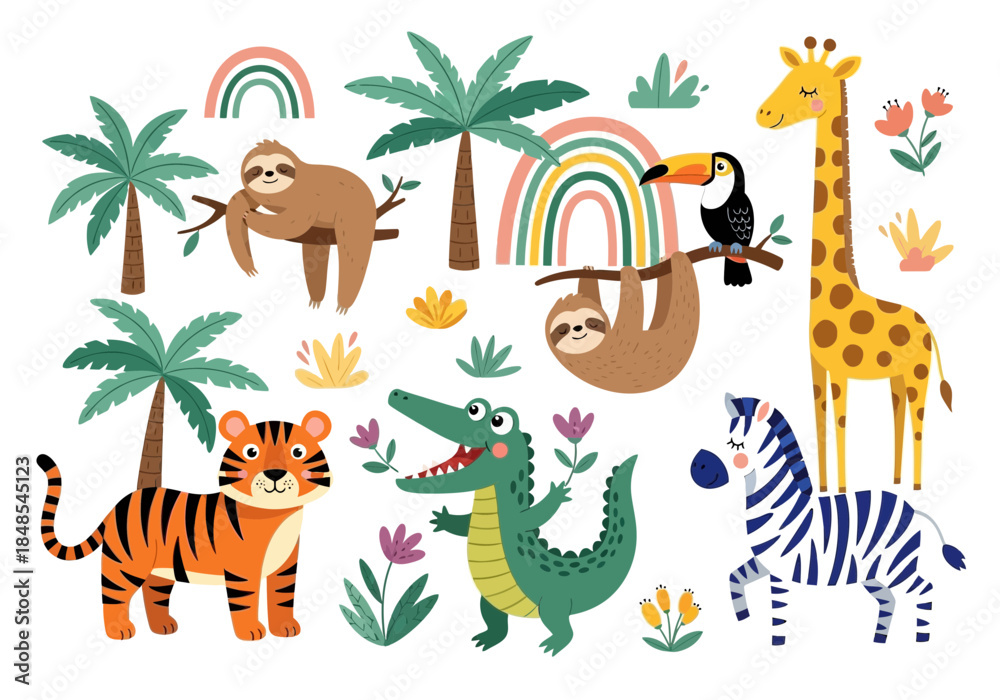 Fototapeta premium Cute cartoon jungle animal collection with sloth, giraffe, tiger, zebra, toucan, and crocodile