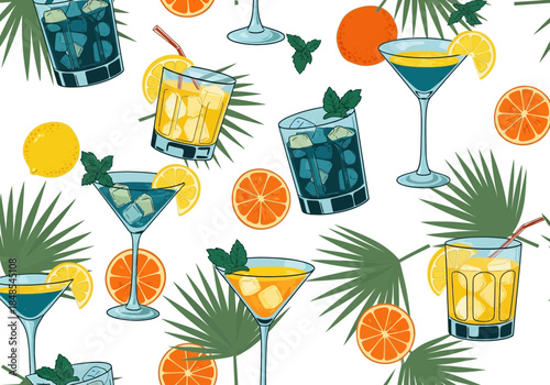 Seamless pattern of colorful cocktail drinks, citrus slice, and tropical palm leaf on