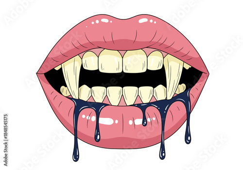 Open mouth with pink lips showing sharp vampire fangs dripping dark liquid