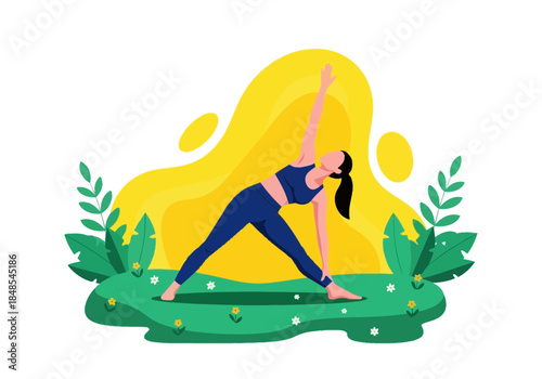 Woman practicing extended side angle yoga pose outdoors in nature with bright yellow background illustration