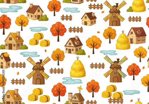 Seamless pattern with cute watercolor autumn farm scene featuring houses, windmills, haystacks, and colorful fall tree foliage