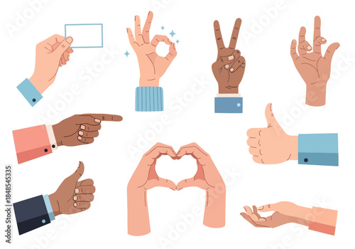 Collection of diverse human hands showing various gestures like pointing, thumbs up, heart shape, and peace sign