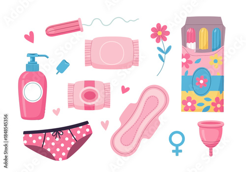 Collection of feminine hygiene product icons including tampon, pad, menstrual cup, panty, and soap for period care concept