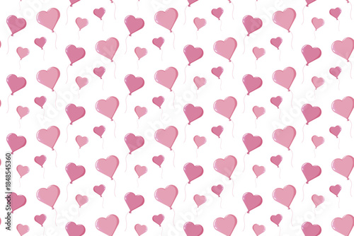 Seamless pattern of pink heart balloons with soft strings on a clean white background. Playful romantic design for wrapping paper, textiles, stationery, party decor and Valentine themes