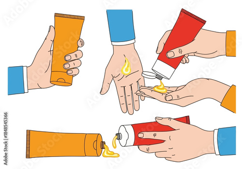 Illustration showing various ways hands apply cream or ointment from different colored squeeze tubes onto skin or palm
