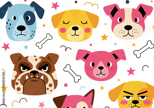 Seamless pattern with cute cartoon dog faces showing various emotions and bone icons on