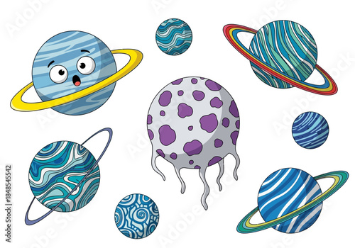 Collection of cute cartoon planets and a strange alien creature with purple spots and tentacles