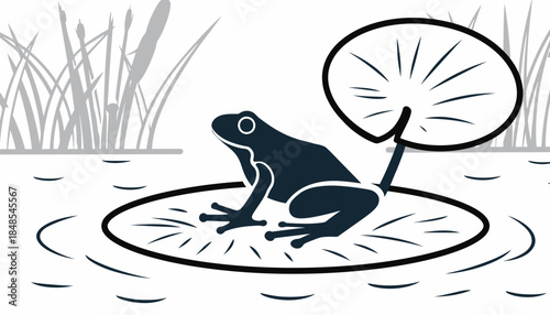 Stylized illustration of a frog sitting on a lily pad in a pond, holding a small leaf as an umbrella, with reeds in the background.
