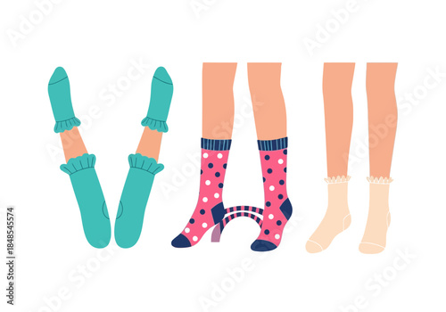 Illustration of three pairs of legs wearing different colorful socks forming the roman numeral vii