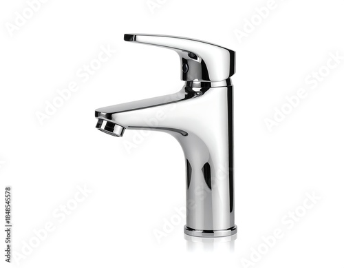 Modern, chrome-plated single-handle bathroom faucet. High-angle perspective showcasing design and glossy finish against clean white backdrop